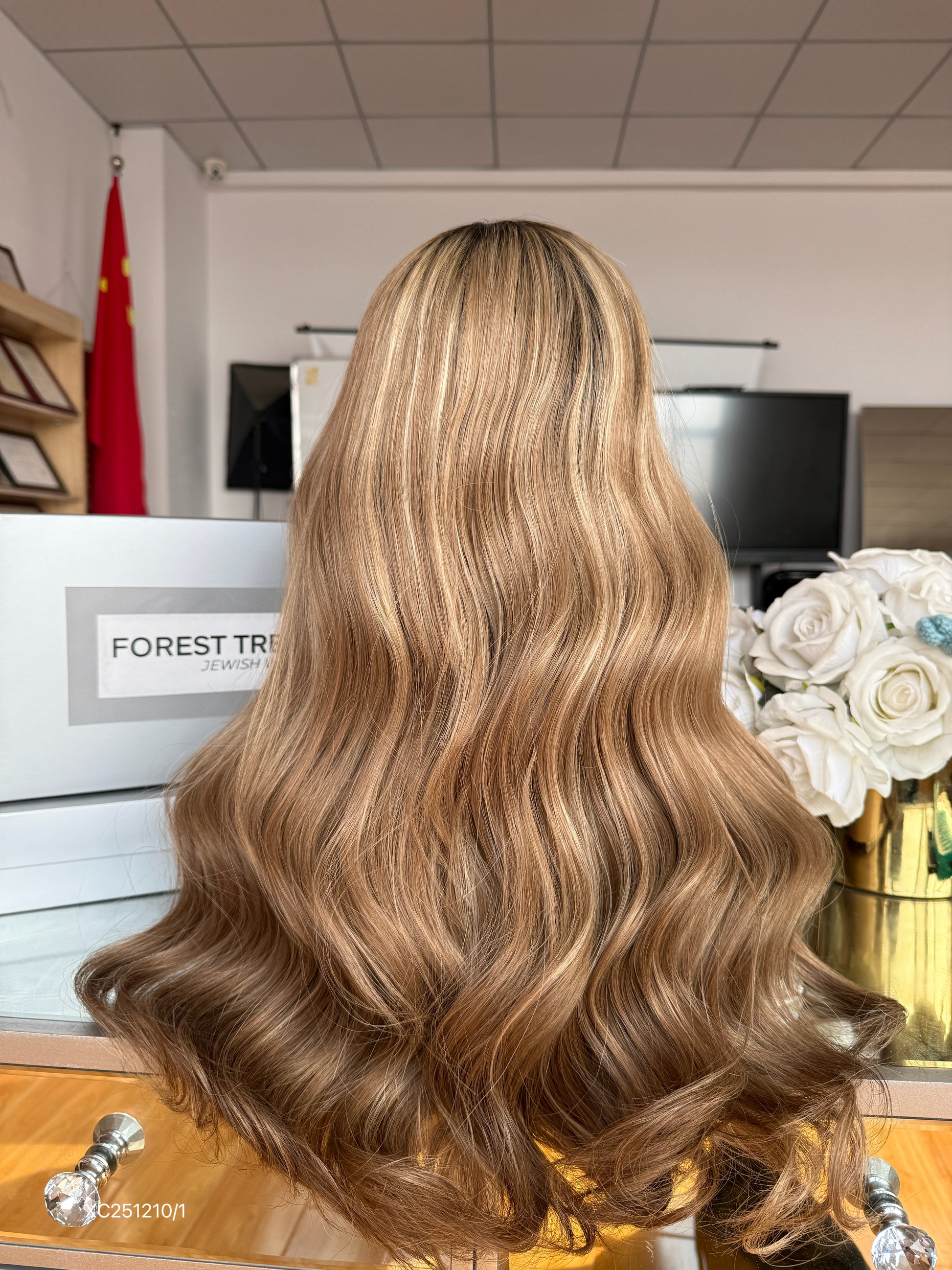 Dark Root Honey Blonde Middle-Part Long Wavy Human Hair Sheitel Wig, product view 9