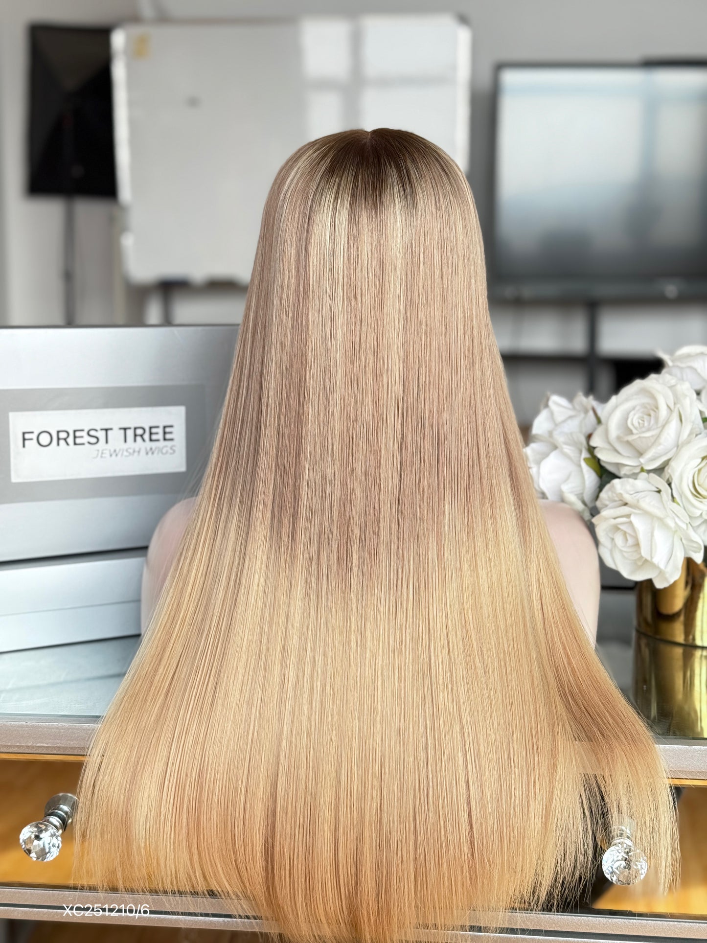 Champagne Blonde Middle-Part Long Straight Human Hair Sheitel Wig, product view 9
