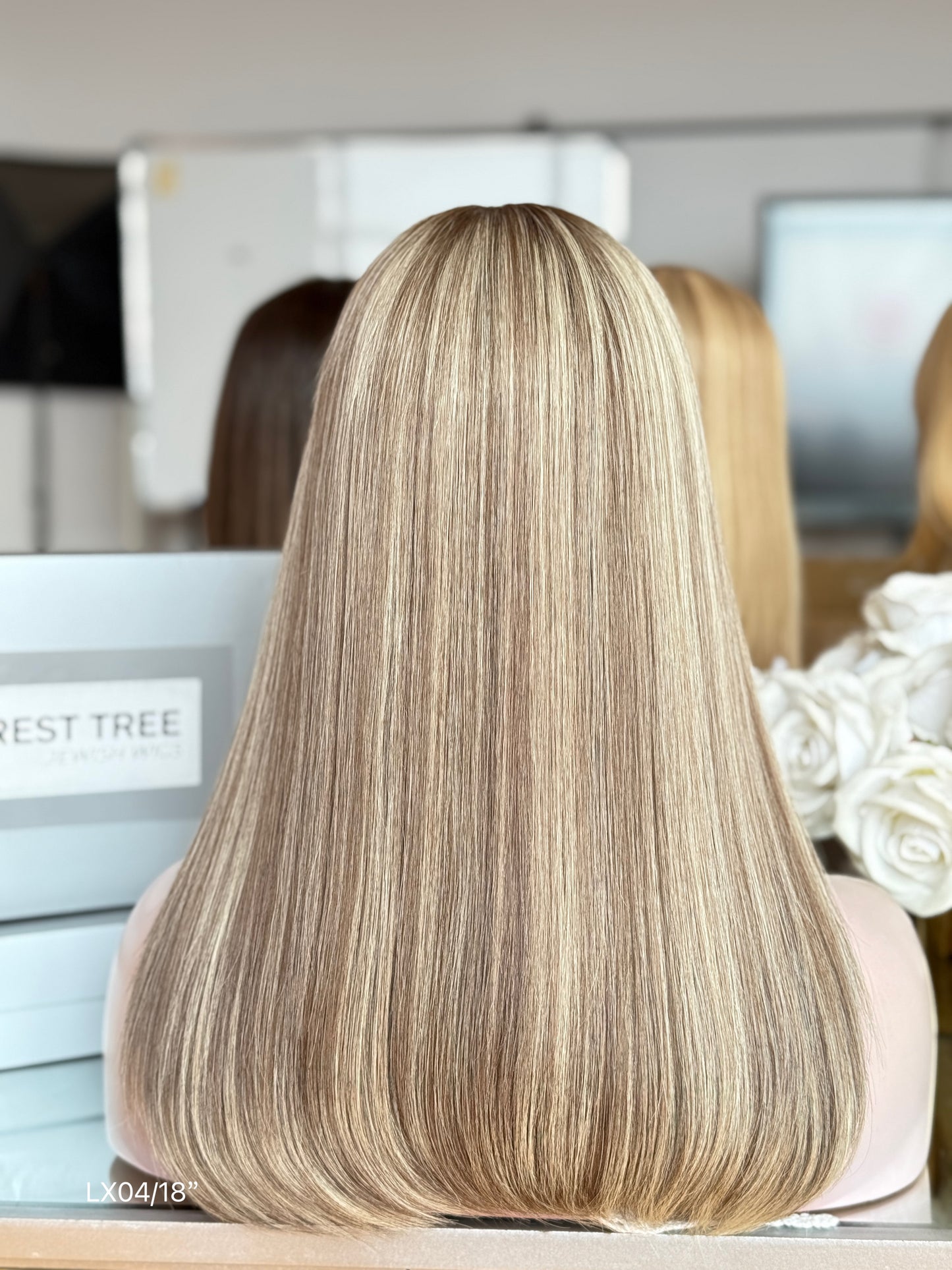 Highlighted Ash Blonde Middle-Part Shoulder-Length Straight Human Hair Sheitel Wig, product view 9