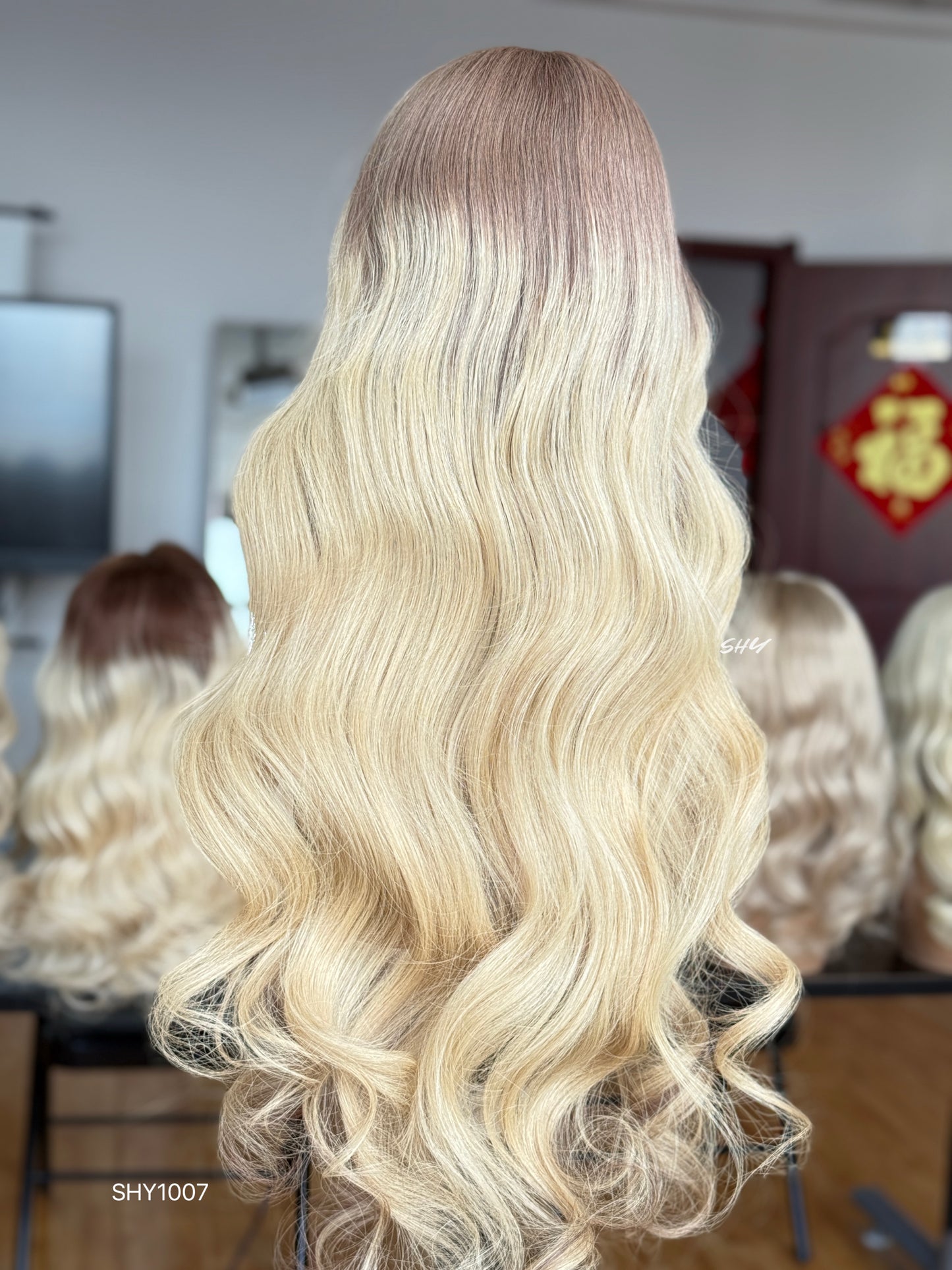Rose Brown Root Blonde Middle-Part Body Wave Human Hair Lace Front Glueless Medical Wig, product view 10