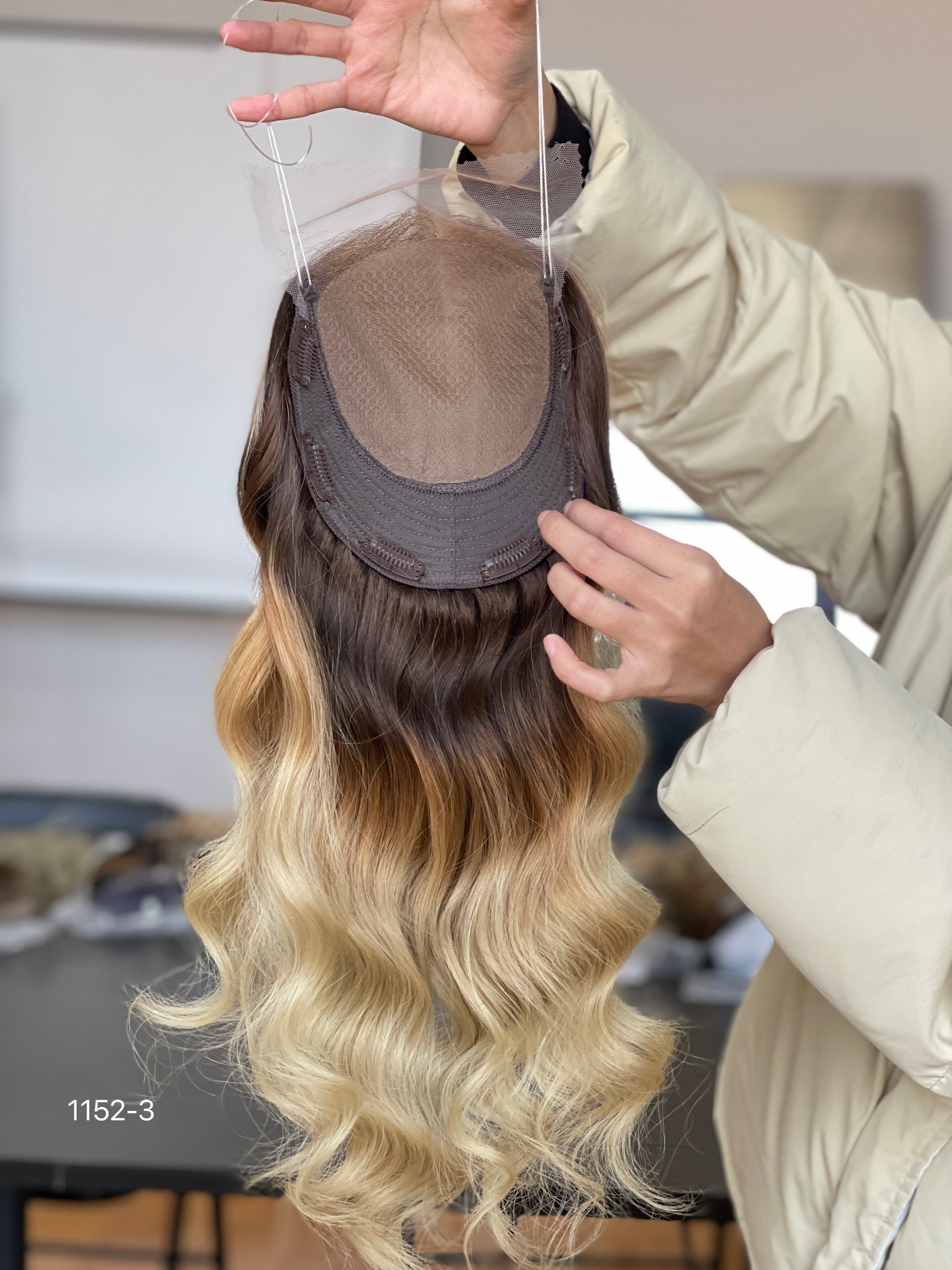Chocolate Brown Dark-Root Blonde Highlighted Long Wavy Human Hair Topper Mini Wig, product view 8