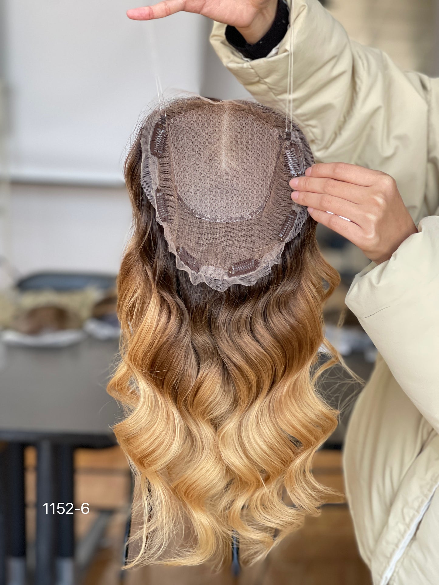 Chocolate Brown Dark-Root Caramel Highlighted Long Wavy Human Hair Topper Mini Wig, product view 8