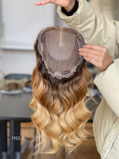 Chocolate Brown Dark-Root Caramel Highlighted Long Wavy Human Hair Topper Mini Wig, product view 8