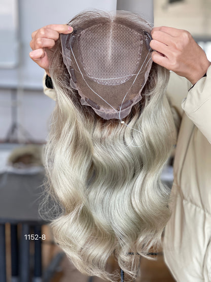 Chocolate Brown Dark-Root Blonde Highlighted Long Wavy Human Hair Topper Mini Wig, product view 8