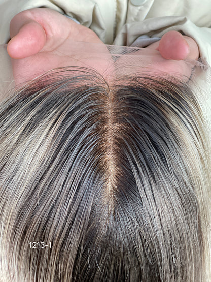 Ash Brown Dark-Root Blonde Highlighted Long Wavy Human Hair Topper Mini Wig, product view 9