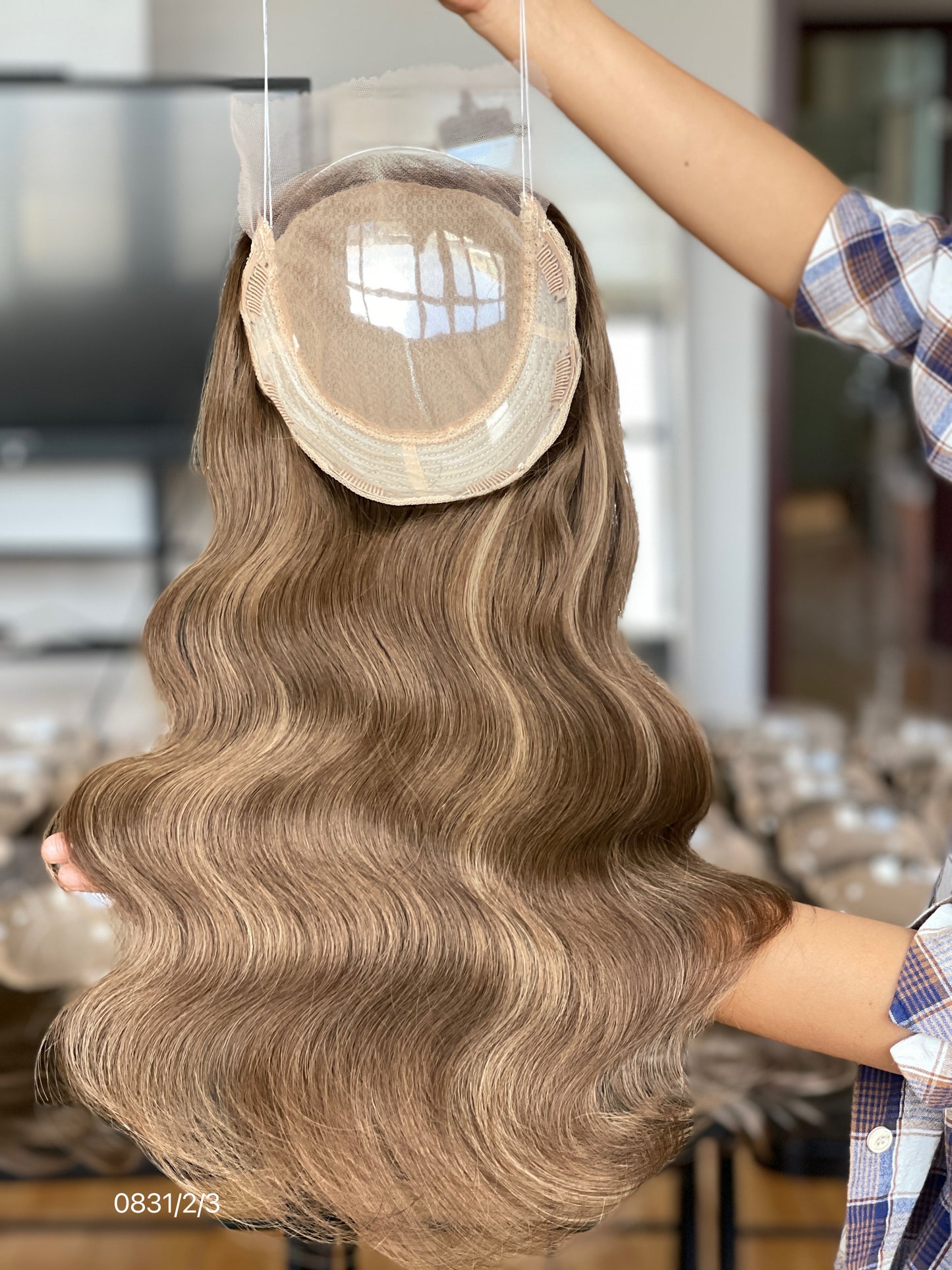 Chocolate Brown Center-Part Long Wavy Human Hair Topper Mini Wig, product view 6