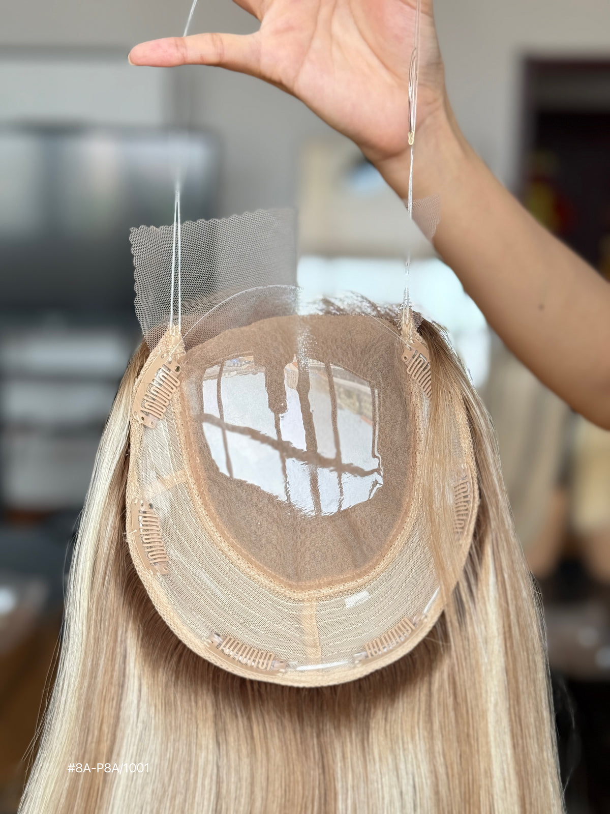 Light Blonde Long Straight Human Hair Topper Mini Wig, product view 8