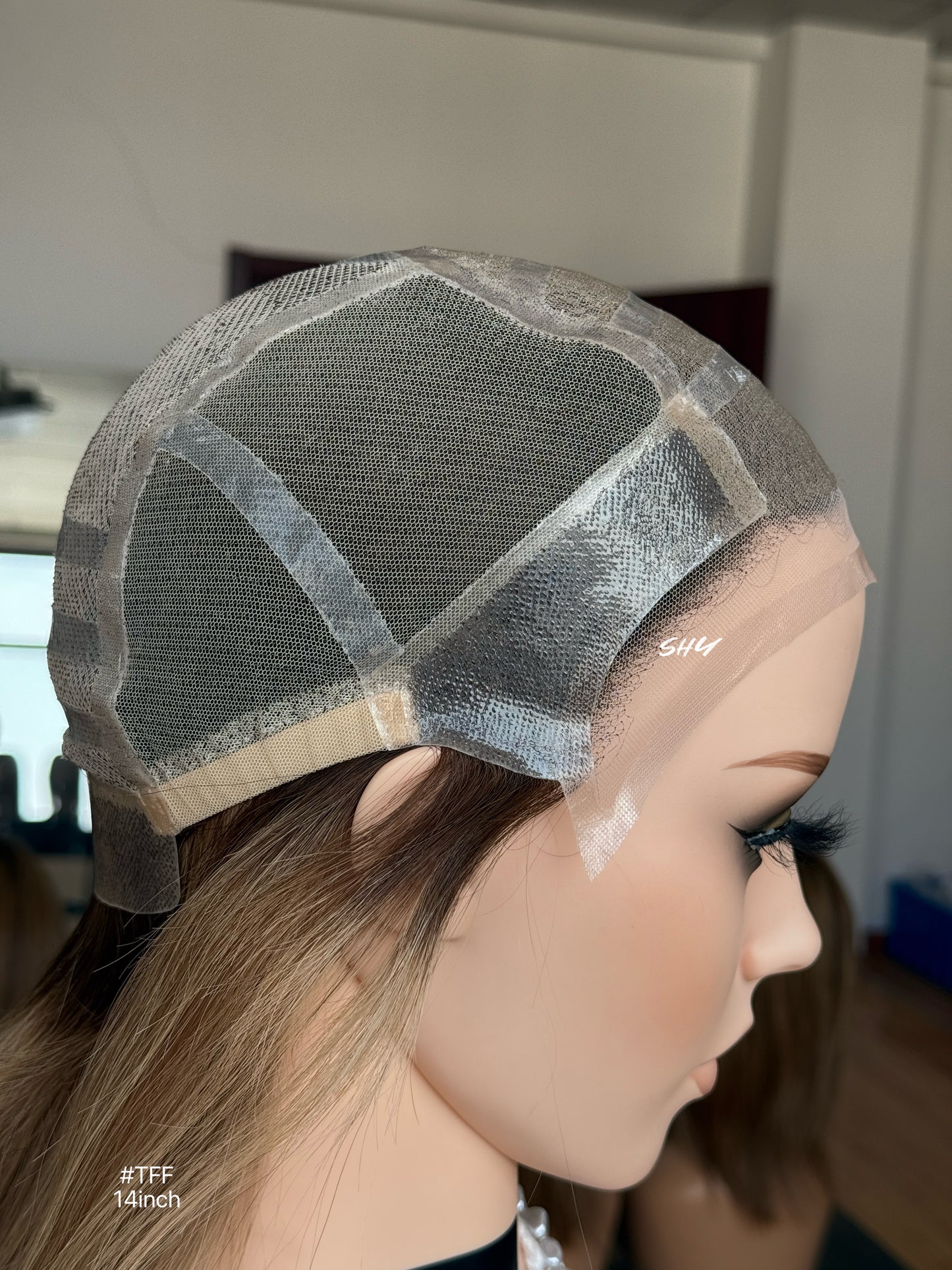 Beige Blonde Highlighted Middle-Part Shoulder-Length Straight Human Hair Lace Front Glueless Medical Wig, product view 10