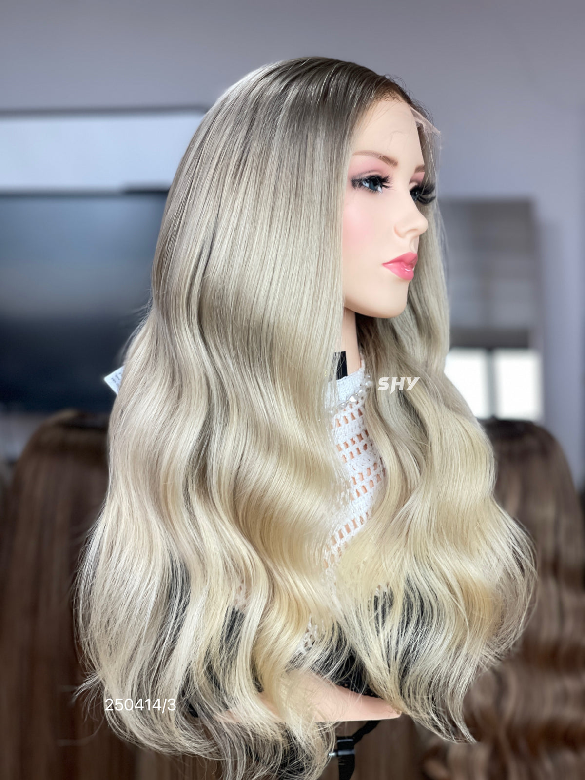 Ash Blonde Dark Root Middle-Part Body Wave Human Hair Lace Front Glueless Medical Wig, product view 10