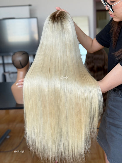 Pale Blonde Middle-Part Long Straight Human Hair Lace Front Glueless Medical Wig, product view 10