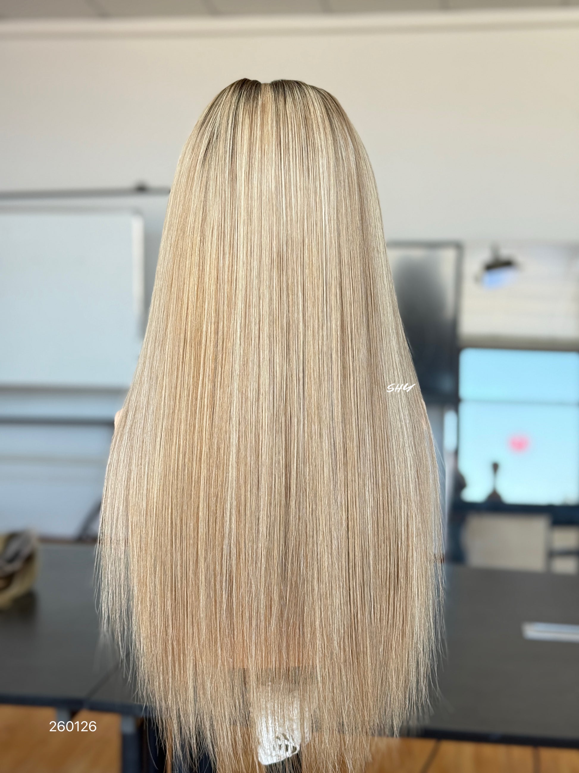 Dark Root Beige Blonde Highlighted Middle-Part Straight Human Hair Lace Front Glueless Medical Wig, product view 10