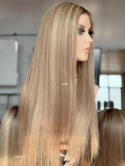 Brown Blonde Highlighted Middle-Part Long Straight Human Hair Lace Front Glueless Medical Wig, product view 10