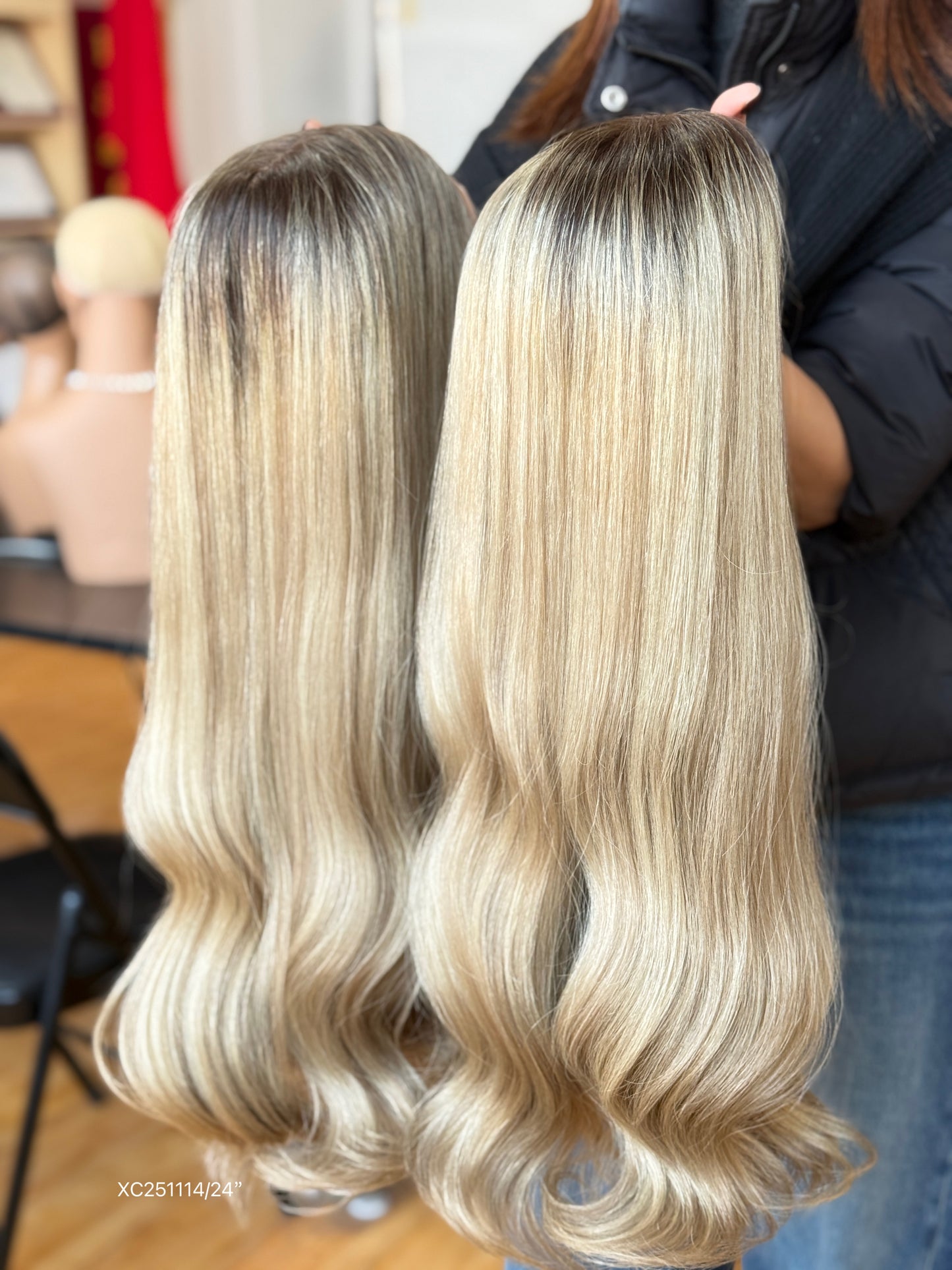 Dark Root Champagne Blonde Long Wavy Human Hair Sheitel Wig, product view 10
