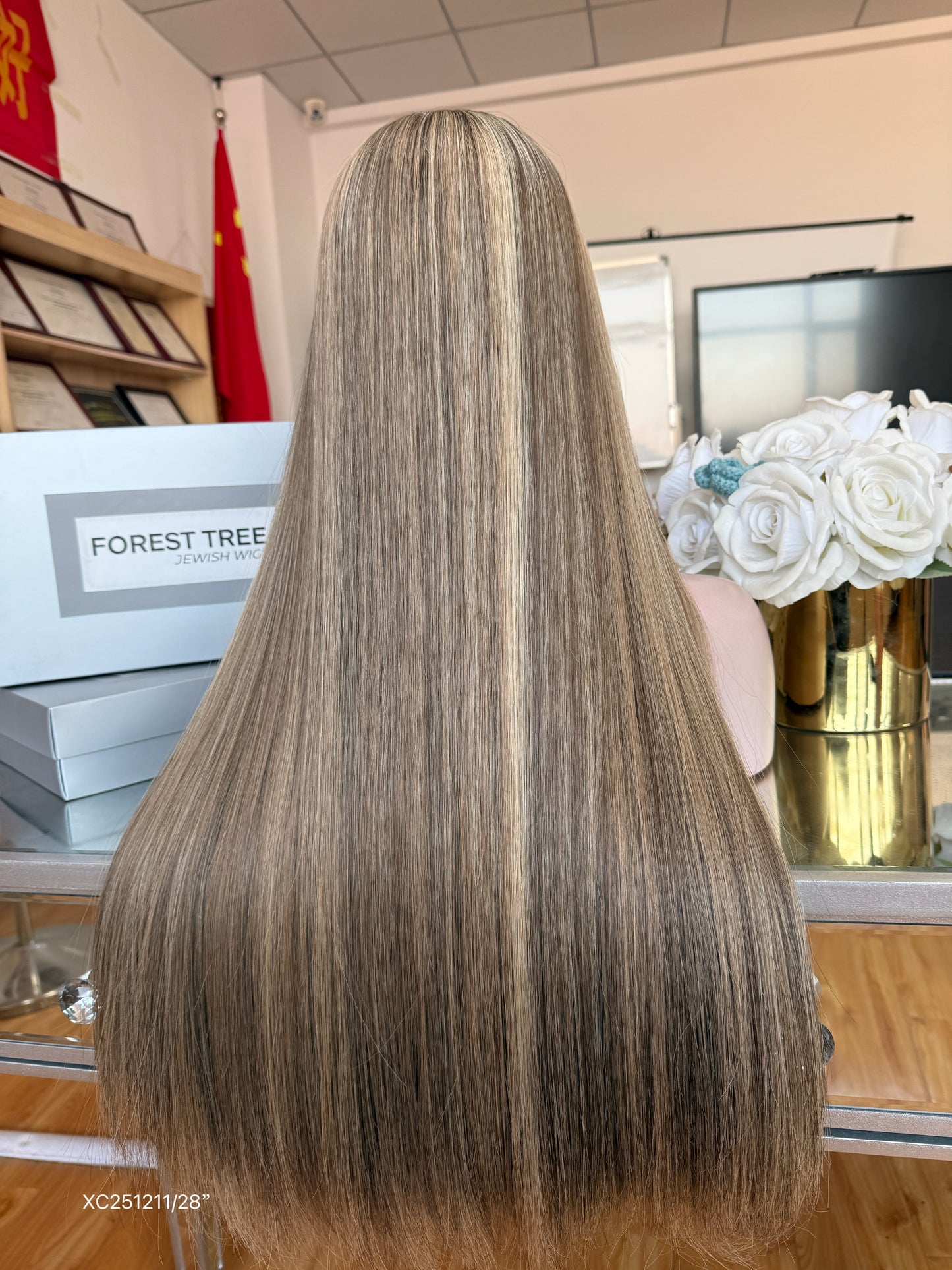 Light Ash Blonde Middle-Part Long Straight Human Hair Sheitel Wig, product view 10