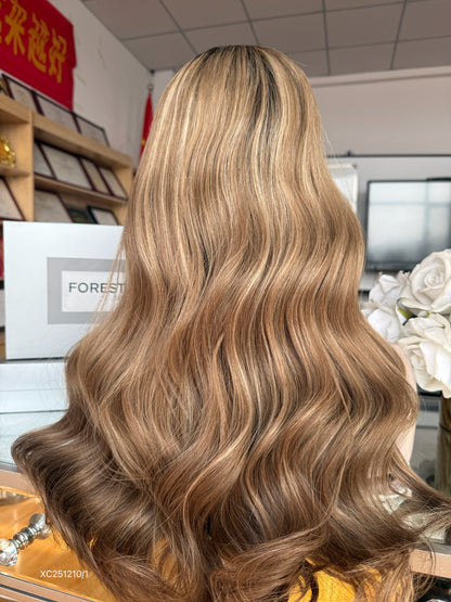 Dark Root Honey Blonde Middle-Part Long Wavy Human Hair Sheitel Wig, product view 10