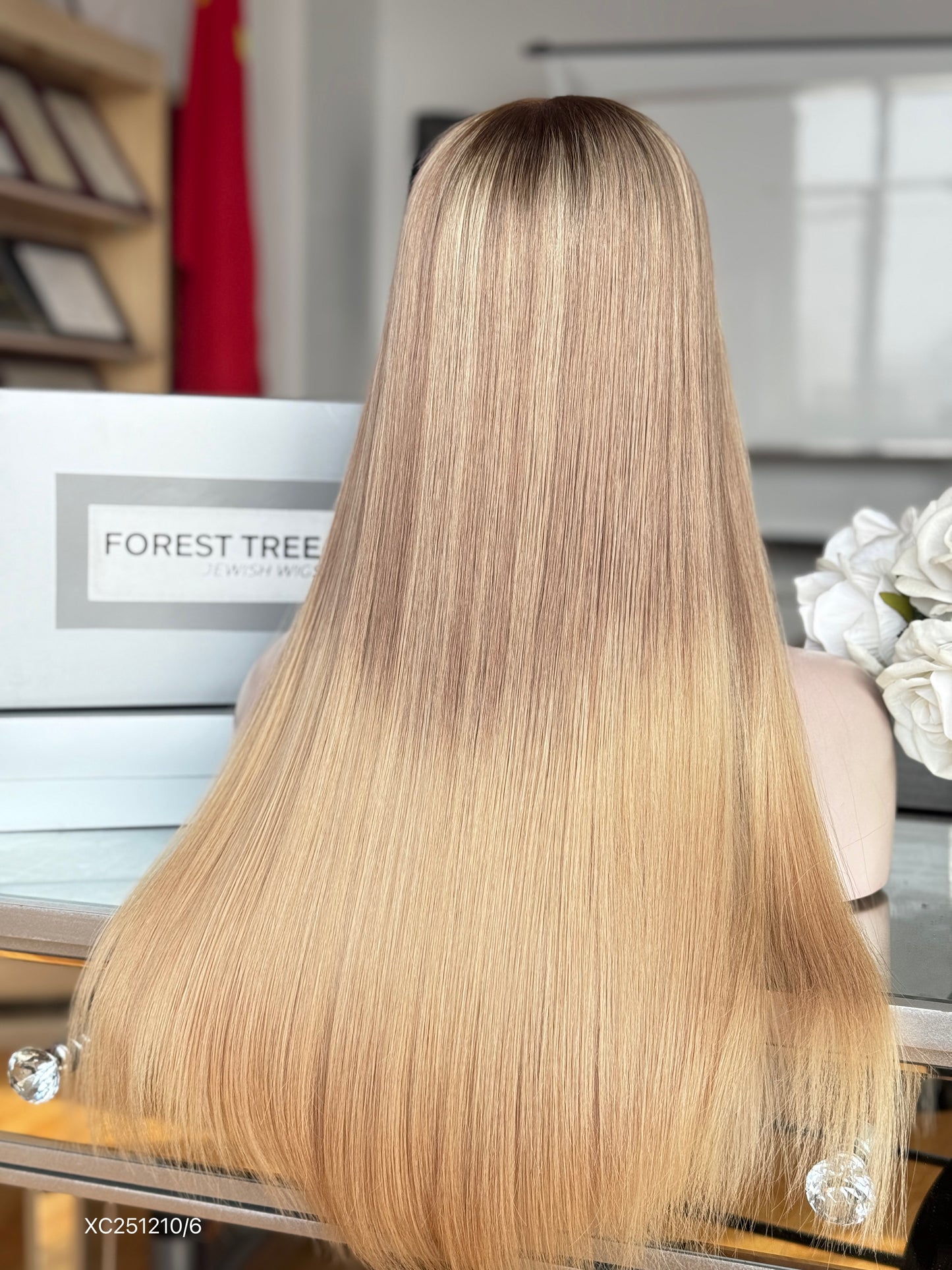 Champagne Blonde Middle-Part Long Straight Human Hair Sheitel Wig, product view 10