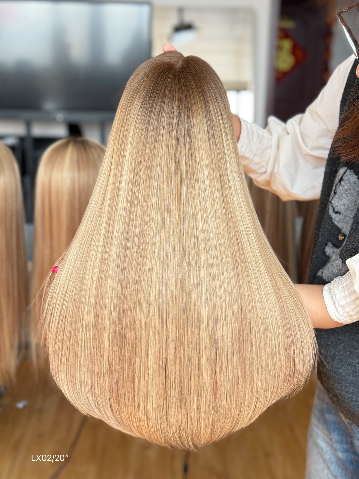 Highlighted Ash Blonde Middle-Part Shoulder-Length Straight Human Hair Sheitel Wig, product view 10