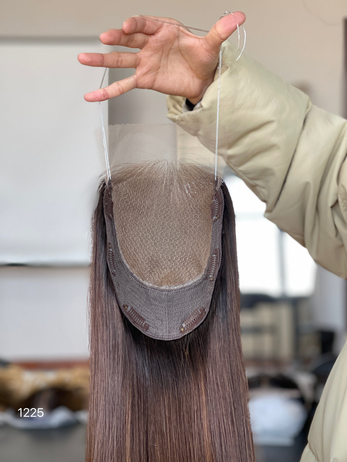Ash Brown Center-Part Long Straight Human Hair Topper Mini Wig, product view 4