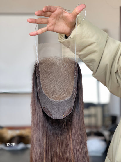 Ash Brown Center-Part Long Straight Human Hair Topper Mini Wig, product view 4
