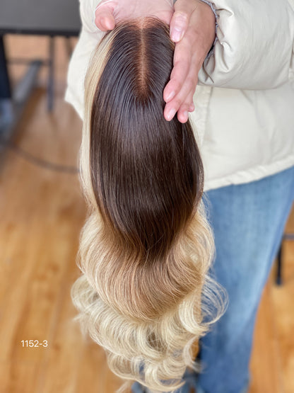 Chocolate Brown Dark-Root Blonde Highlighted Long Wavy Human Hair Topper Mini Wig, product view 9