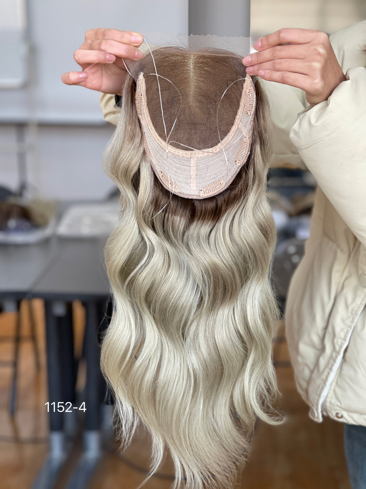 Ash Brown Dark-Root Long Wavy Human Hair Topper Mini Wig, product view 9