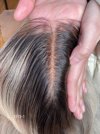 Ash Brown Dark-Root Blonde Highlighted Long Wavy Human Hair Topper Mini Wig, product view 10