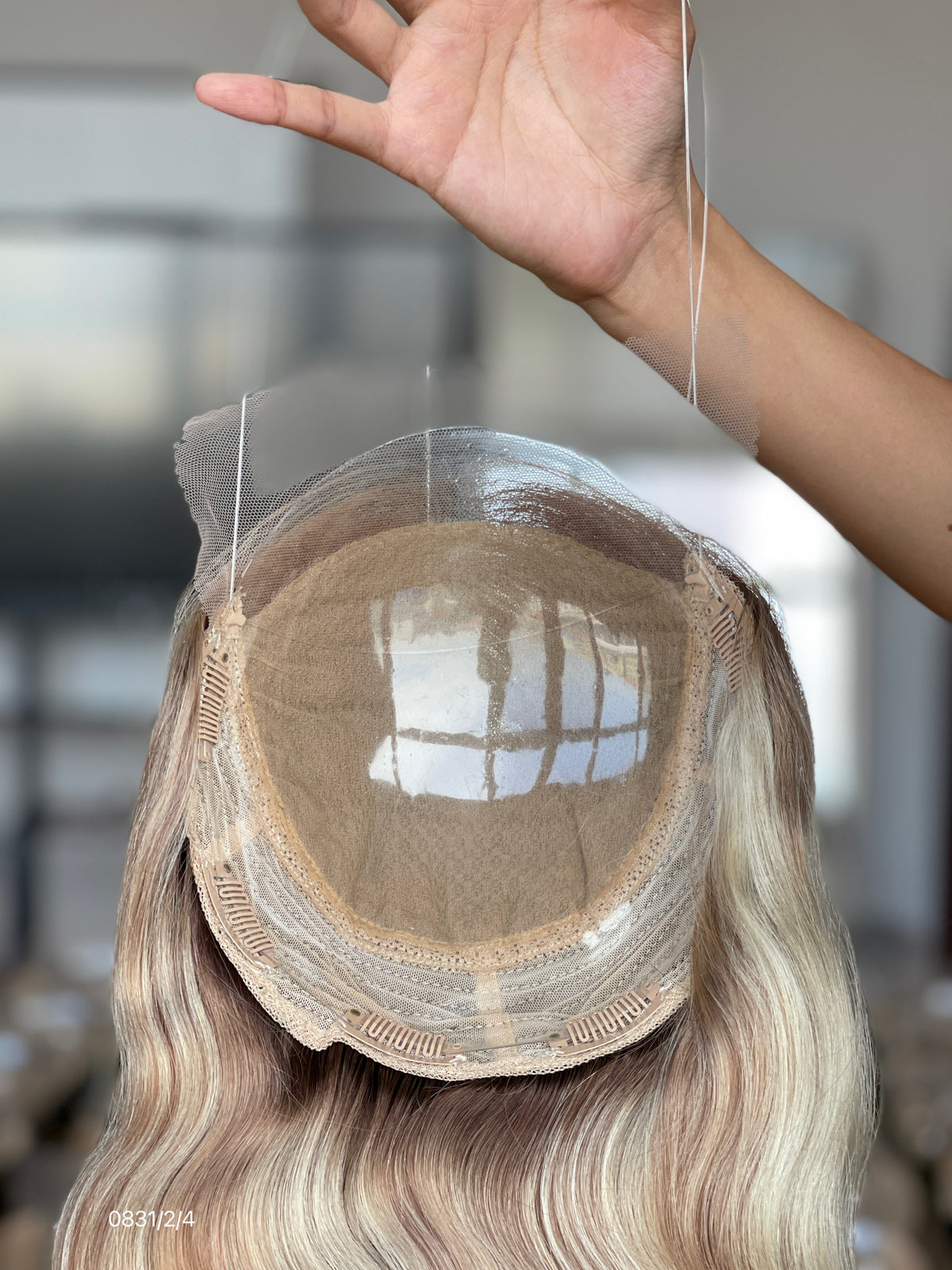 Ash Brown Dark-Root Long Wavy Human Hair Topper Mini Wig, product view 6