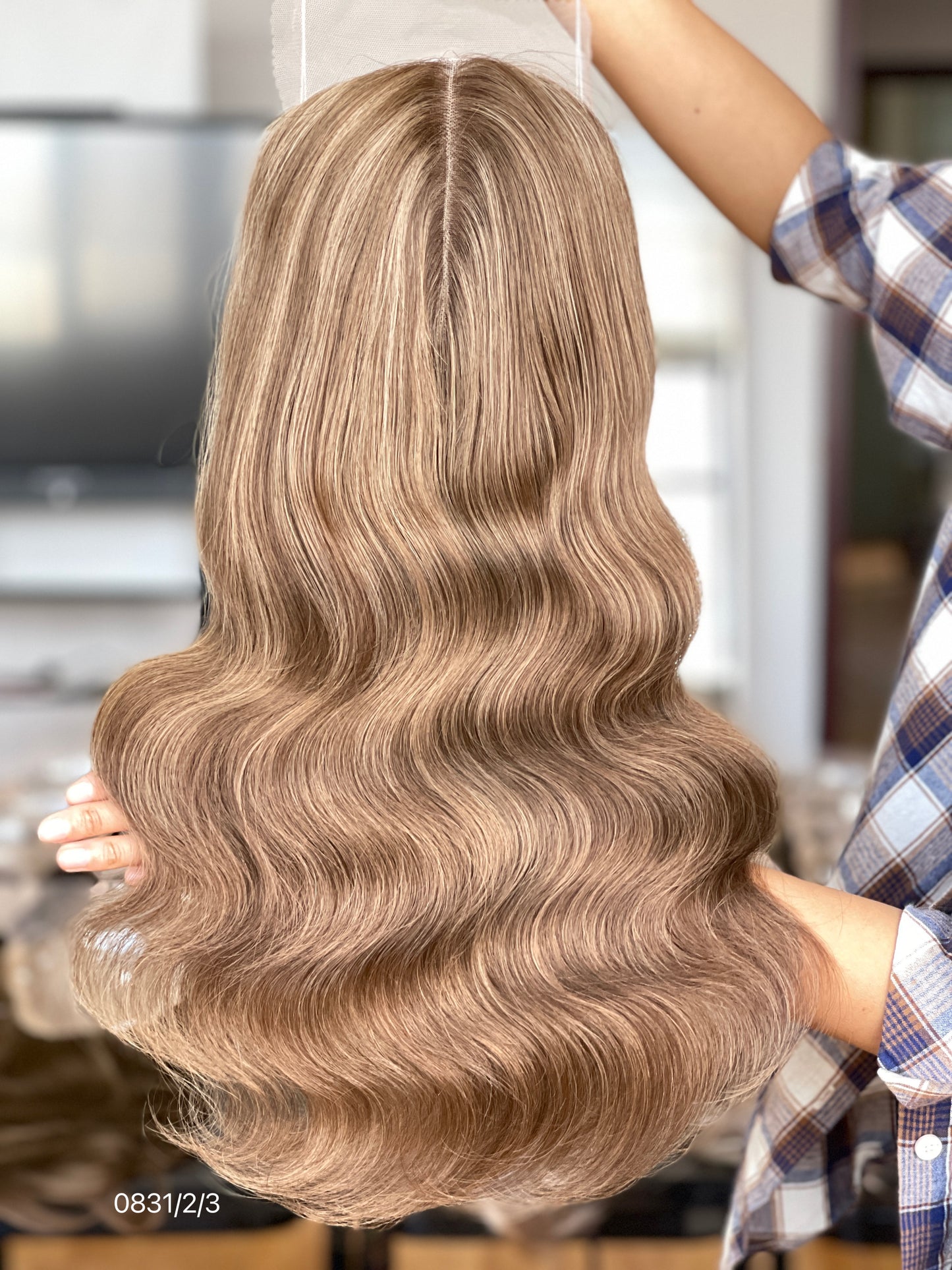 Chocolate Brown Center-Part Long Wavy Human Hair Topper Mini Wig, product view 7