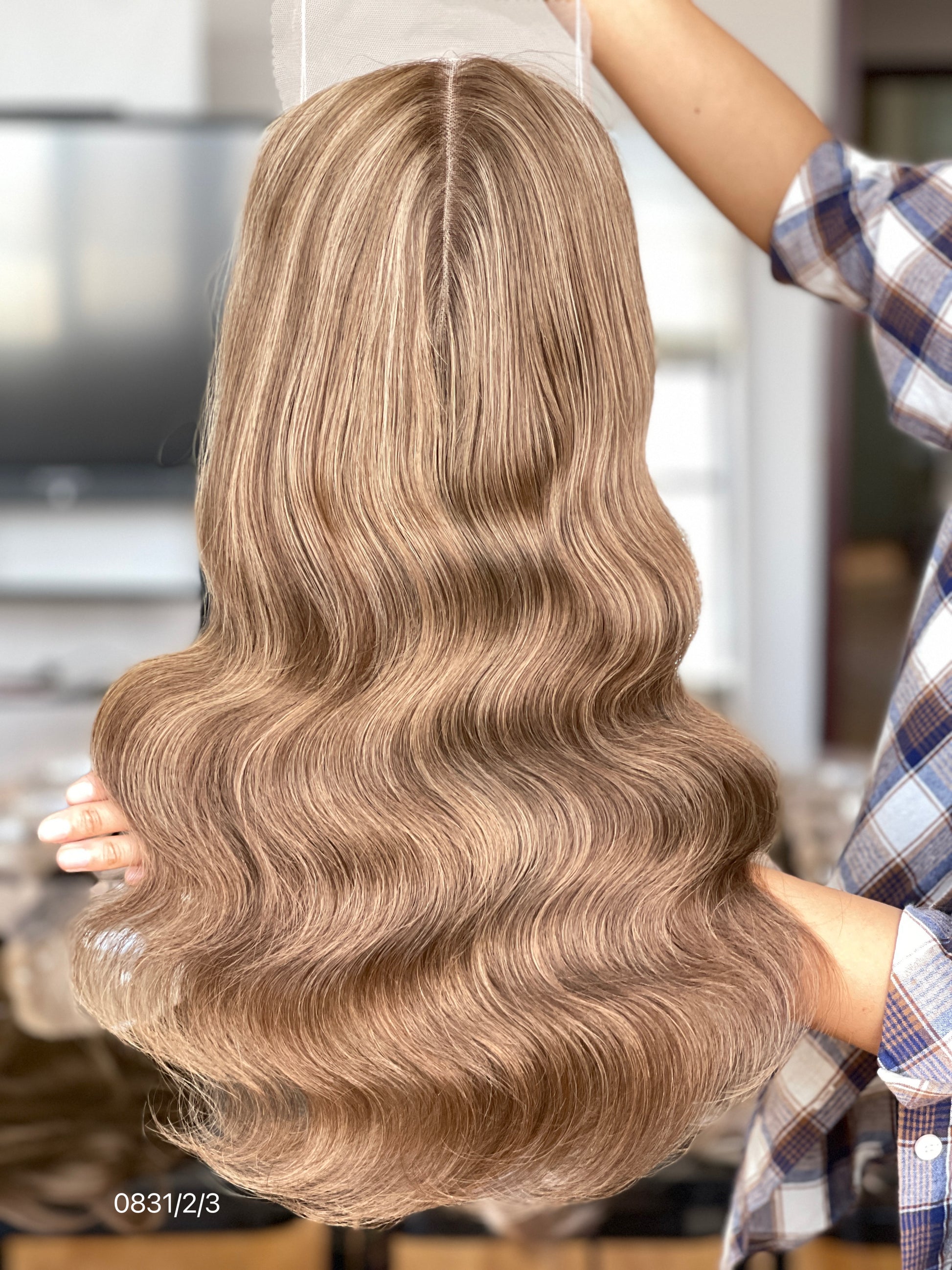 Chocolate Brown Center-Part Long Wavy Human Hair Topper Mini Wig, product view 7