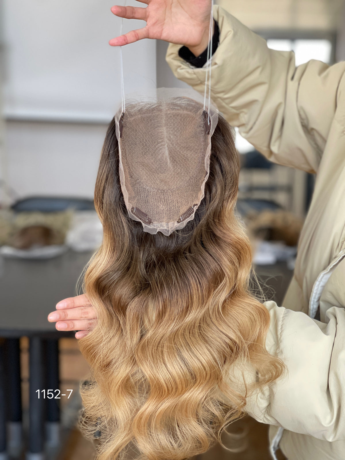 Dark-Root Blonde Long Wavy Human Hair Topper Mini Wig, product view 11
