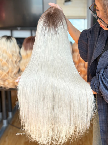 Ash Blonde Middle-Part Long Straight Human Hair Lace Front Glueless Medical Wig, product view 11