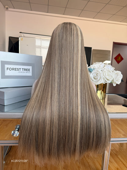 Light Ash Blonde Middle-Part Long Straight Human Hair Sheitel Wig, product view 11