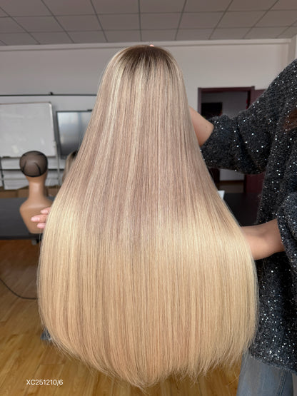 Champagne Blonde Middle-Part Long Straight Human Hair Sheitel Wig, product view 11
