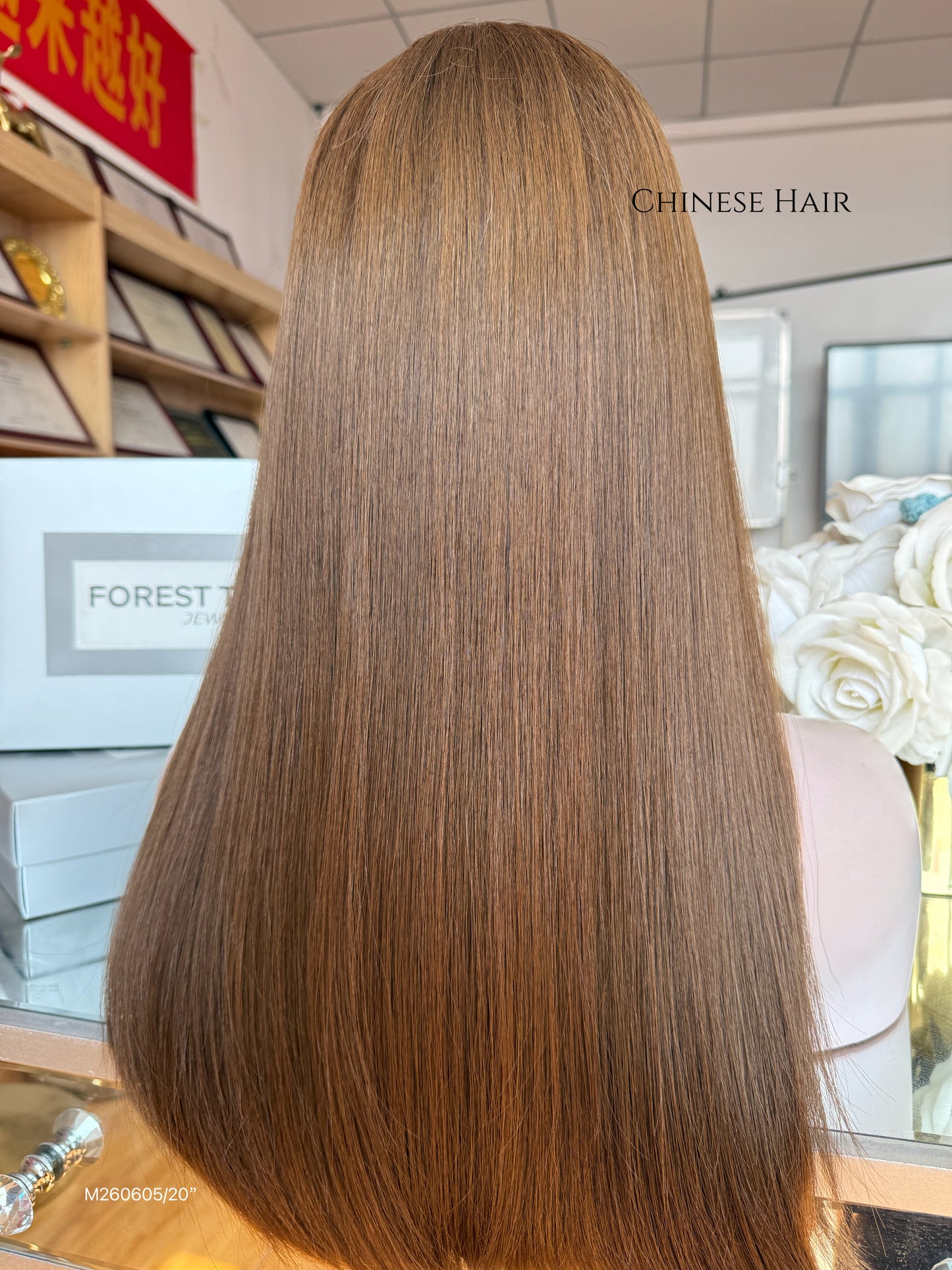 Light Walnut Brown Middle-Part Long Straight Human Hair Sheitel Wig, product view 11