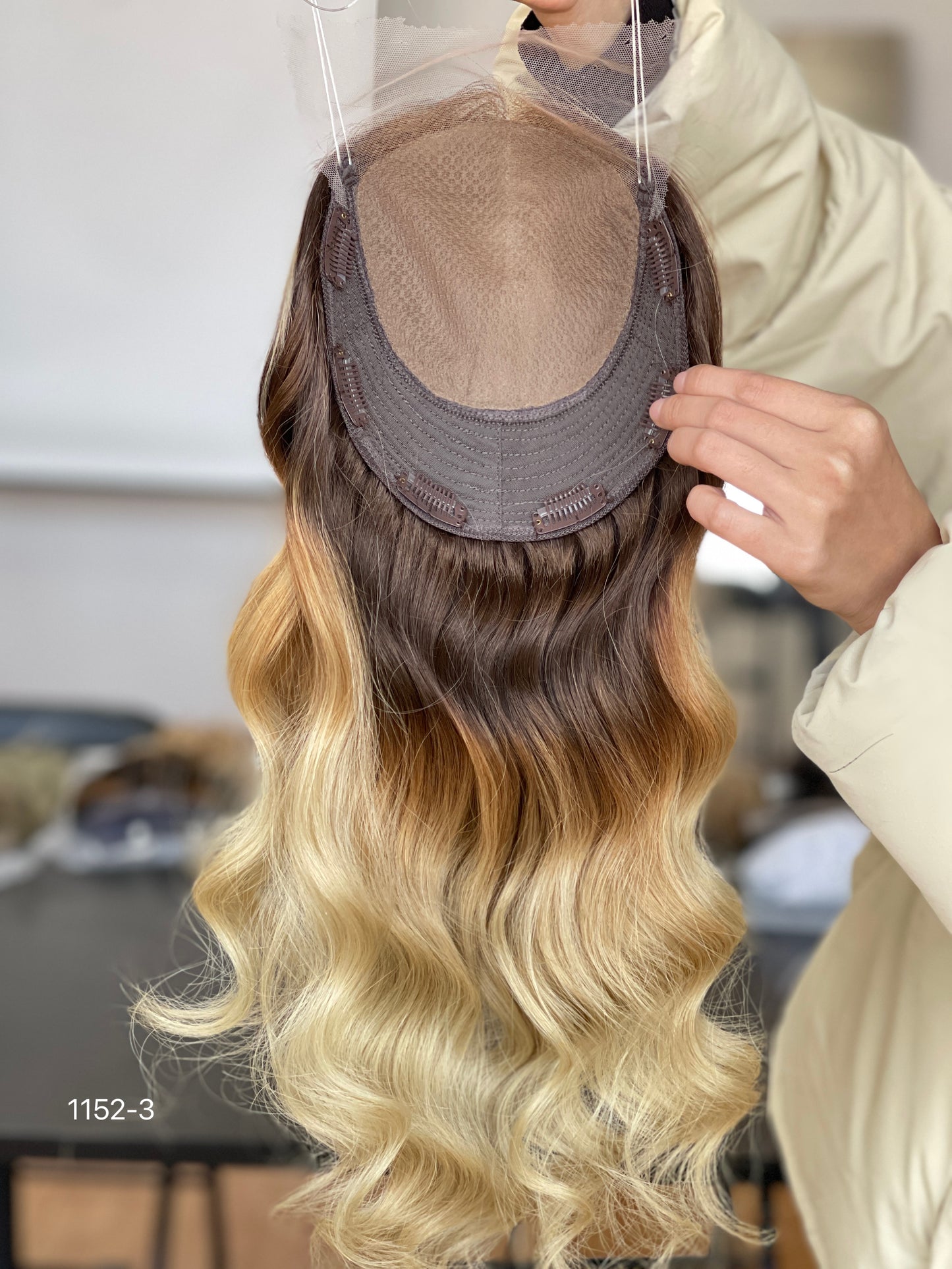 Chocolate Brown Dark-Root Blonde Highlighted Long Wavy Human Hair Topper Mini Wig, product view 10