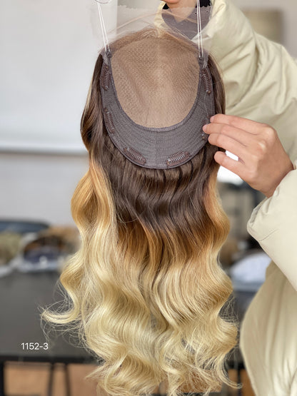 Chocolate Brown Dark-Root Blonde Highlighted Long Wavy Human Hair Topper Mini Wig, product view 10