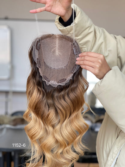 Chocolate Brown Dark-Root Caramel Highlighted Long Wavy Human Hair Topper Mini Wig, product view 10