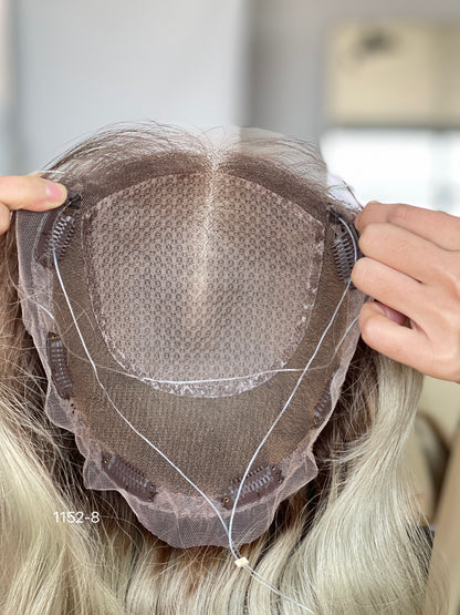 Chocolate Brown Dark-Root Blonde Highlighted Long Wavy Human Hair Topper Mini Wig, product view 10