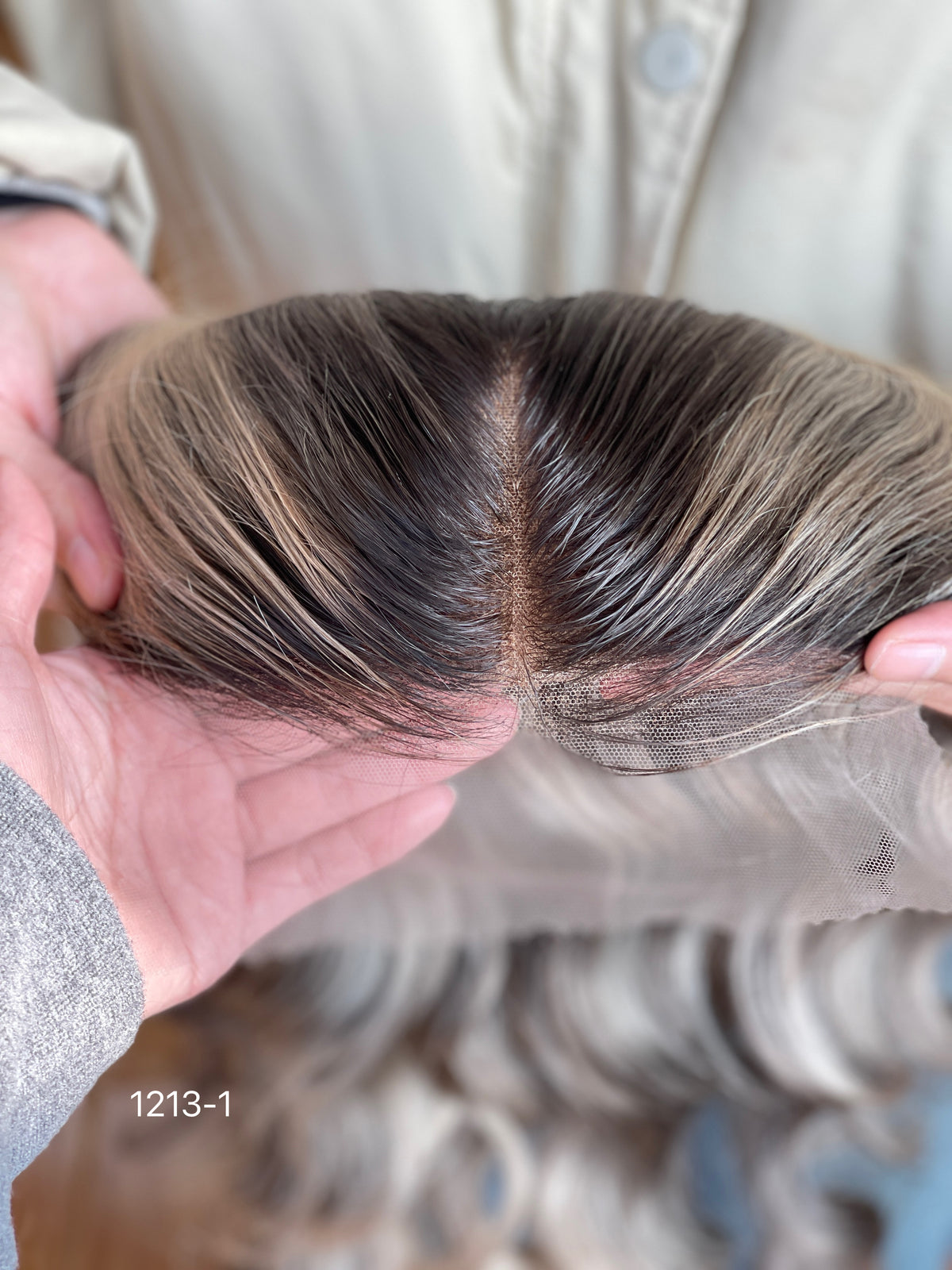Ash Brown Dark-Root Blonde Highlighted Long Wavy Human Hair Topper Mini Wig, product view 11