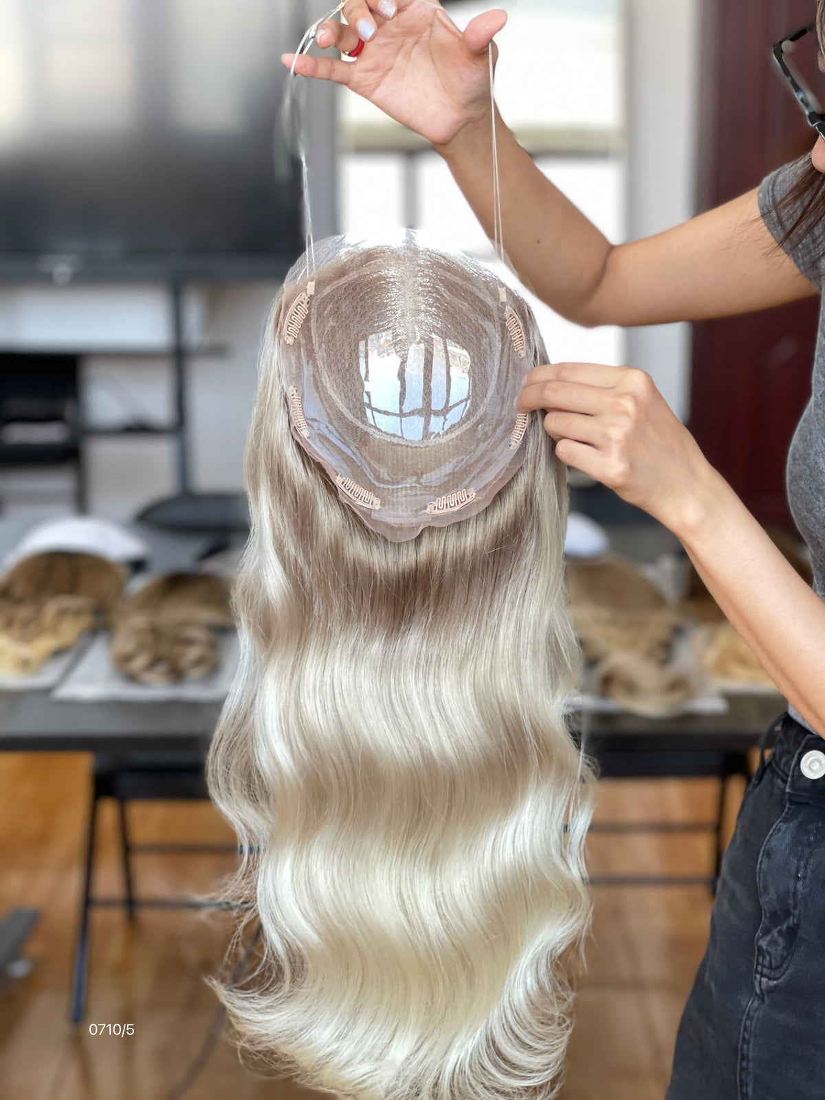 Ash Brown Center-Part Long Straight Human Hair Topper Mini Wig, product view 10