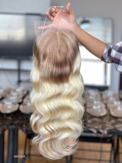 Ash Brown Dark-Root Long Wavy Human Hair Topper Mini Wig, product view 7