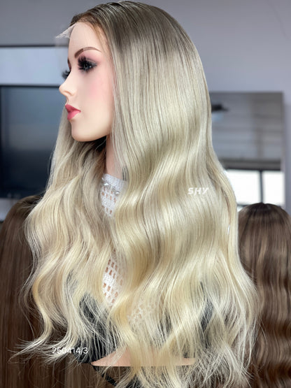 Ash Blonde Dark Root Middle-Part Body Wave Human Hair Lace Front Glueless Medical Wig, product view 12