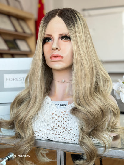 Dark Root Champagne Blonde Long Wavy Human Hair Sheitel Wig, product view 12