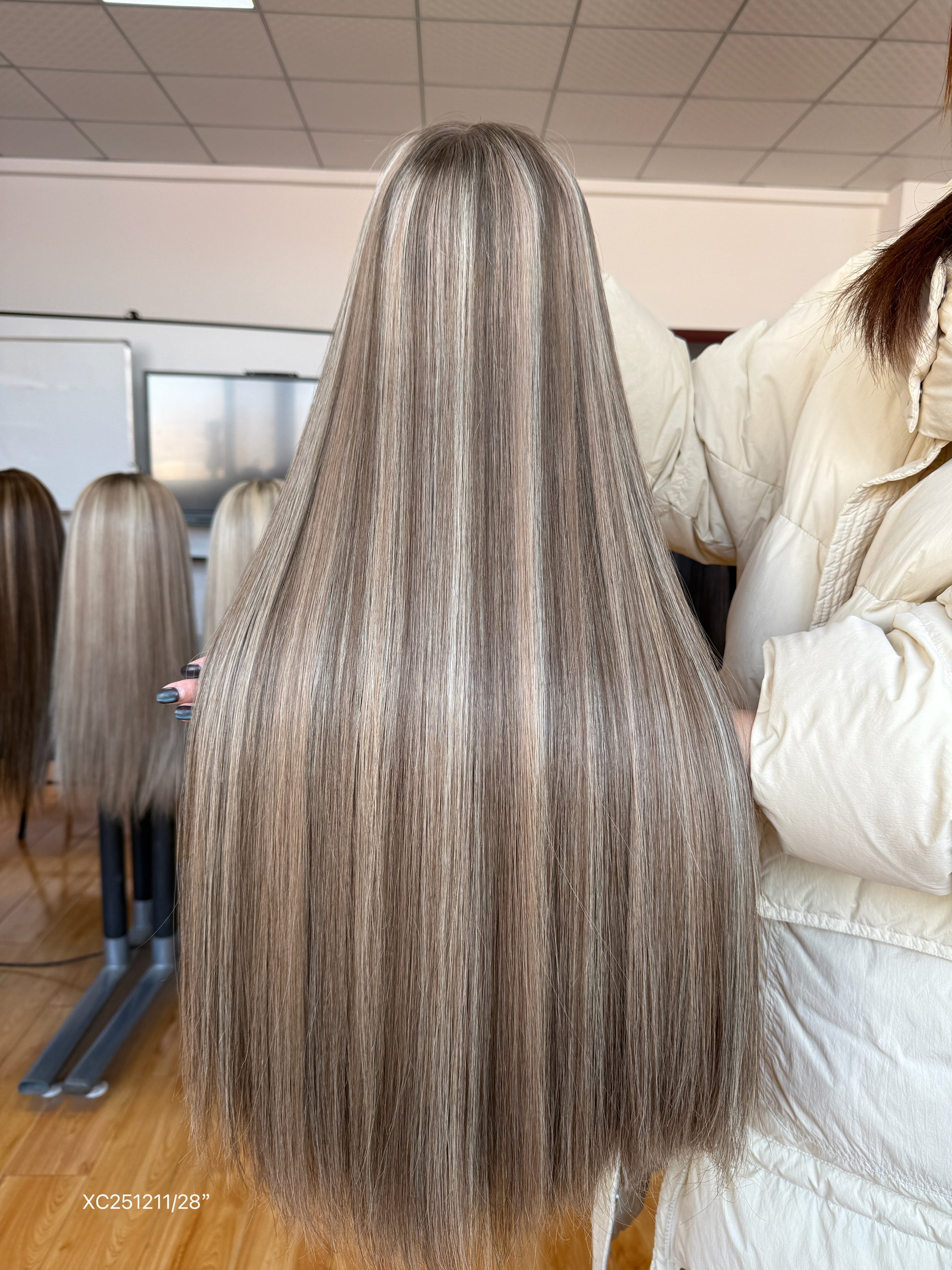 Light Ash Blonde Middle-Part Long Straight Human Hair Sheitel Wig, product view 12