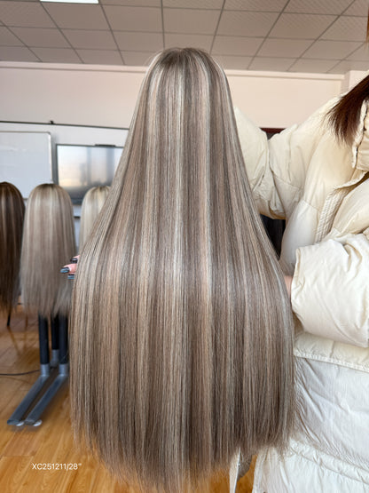 Light Ash Blonde Middle-Part Long Straight Human Hair Sheitel Wig, product view 12