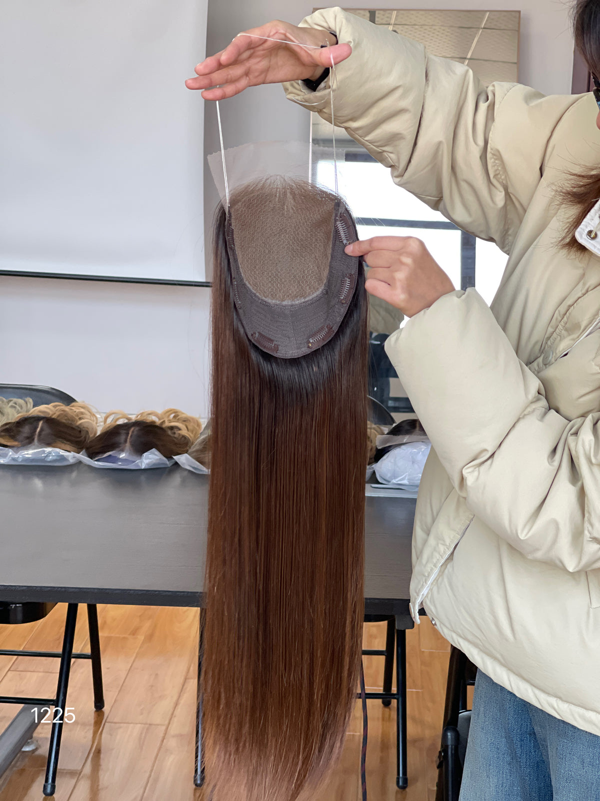 Ash Brown Center-Part Long Straight Human Hair Topper Mini Wig, product view 6