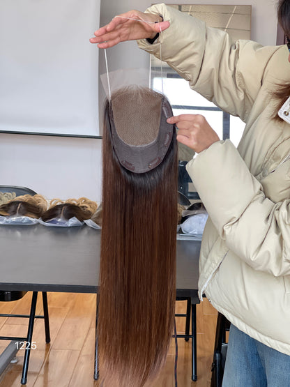 Ash Brown Center-Part Long Straight Human Hair Topper Mini Wig, product view 6