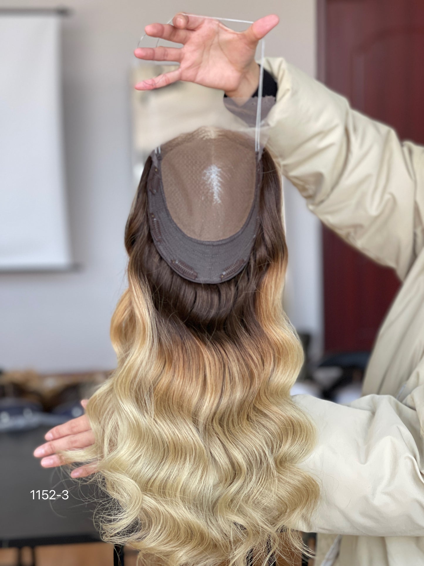 Chocolate Brown Dark-Root Blonde Highlighted Long Wavy Human Hair Topper Mini Wig, product view 11