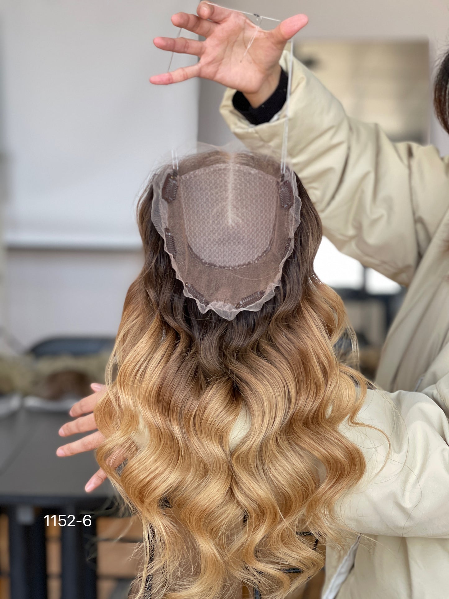Chocolate Brown Dark-Root Caramel Highlighted Long Wavy Human Hair Topper Mini Wig, product view 11