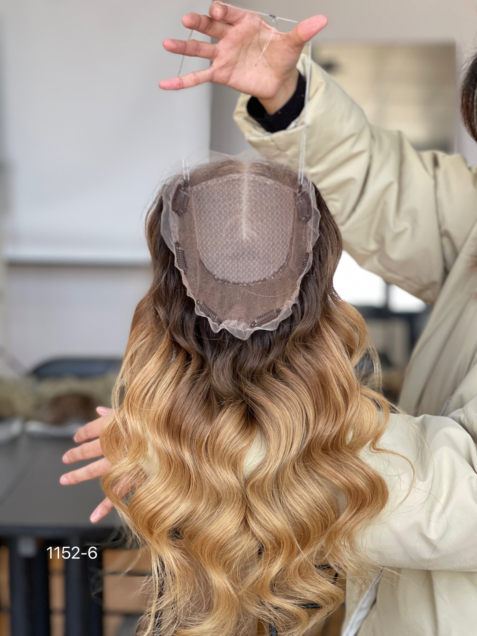 Chocolate Brown Dark-Root Caramel Highlighted Long Wavy Human Hair Topper Mini Wig, product view 11